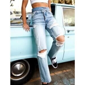 REVICE B-Side OG Wash Fold Over Waist Jeans Womens 25‎ Light Distressed Straight